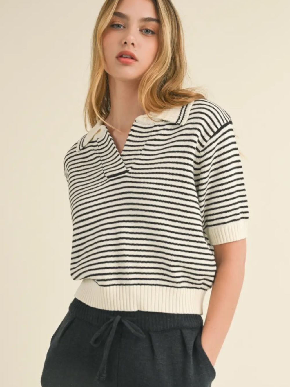 NEW Nati black striped collard knit top short sleeve sweater M